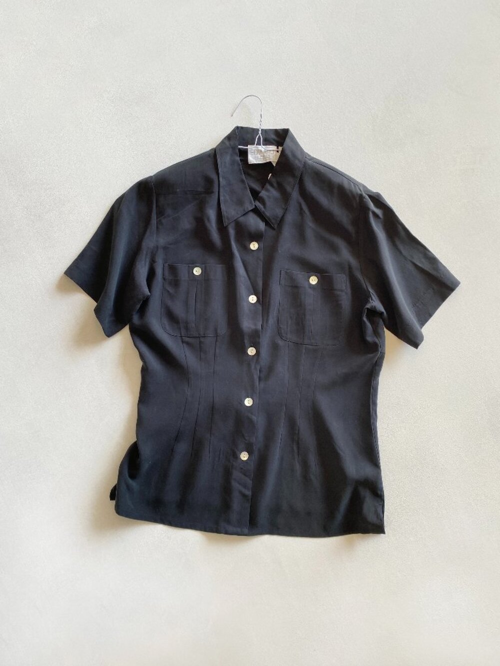Vintage Y2K Edward Petite 100% Silk Shirt Black PM Short Sleeve Utility Blouse
